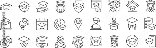 Set of outline icons related to graduation hat, education. Linear icon collection. Editable stroke. Vector
