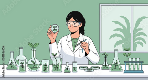 Asian Scientist Studying Plant Genetics in Laboratory with Beakers and Petri Dishes