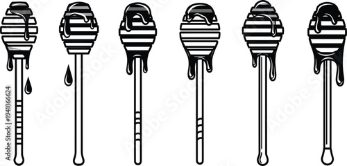 Honey Dipper Icon Set Featuring Dripping Honey Stick Symbols for Beekeeping, Sweet Food, Organic Products, and Natural Honey Designs