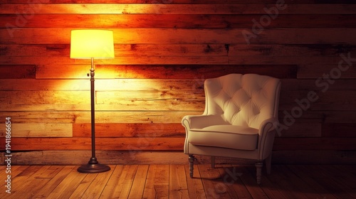Cozy illuminated scene lamp beside a plush white armchair against a warm wooden wall backdrop