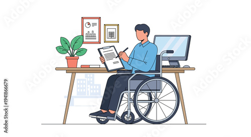 A man in a blue shirt sits in a dark grey wheelchair at a light brown desk, writing on a clipboard with a pen.