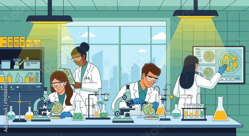 Diverse Research Team Working in a Modern Laboratory Setting