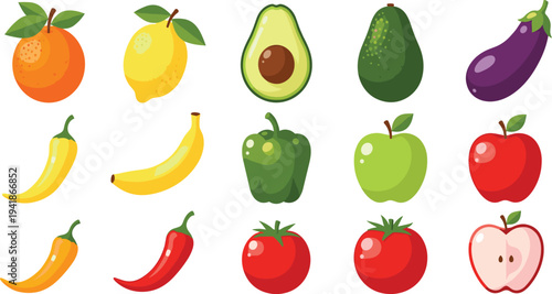 Fresh Fruits and Vegetables Vector Icon Set with Apple, Banana, Avocado, Pepper, Tomato, Lemon and Eggplant for Healthy Food Design.