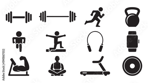 Set of flat gym equipment icons vector illustration for fitness and sports website
