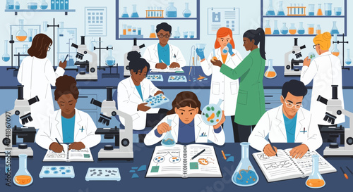 Diverse scientific team conducting experiments in a busy research laboratory
