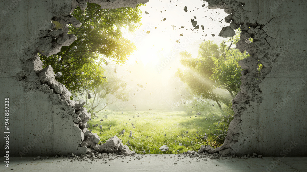 Fototapeta premium Concrete wall breaking open, revealing a bright green meadow with sunlight and trees, symbolizing freedom, change, opportunity