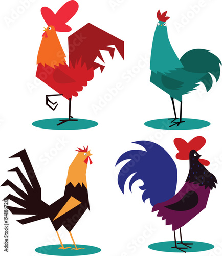PrintCartoon rooster and chicken farm birds vector illustration set isolated on background