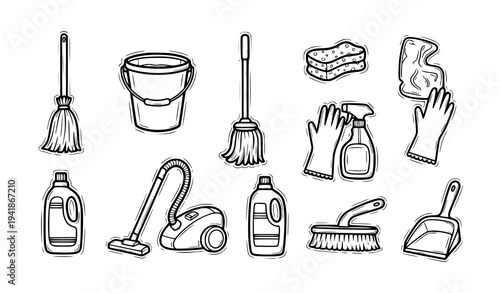 Cleaning Tools Hand Drawn Doodle Icon Pack Vector Illustration