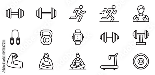 Outline fitness icons set dumbbells kettlebell running person jump rope treadmill smart watch