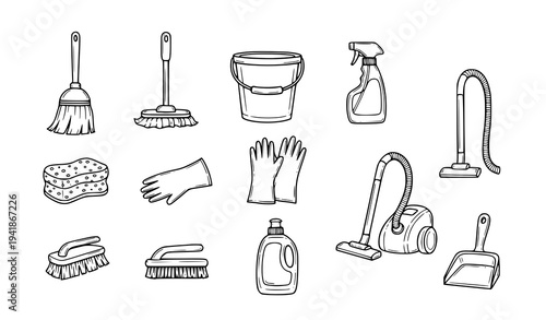 House Cleaning Tools Doodle Icon Collection Vector