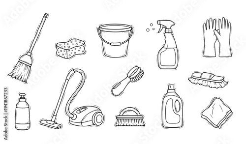 Household Cleaning Equipment Doodle Icons Vector Set