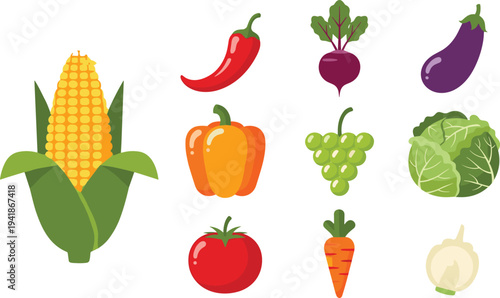 Fresh Vegetable and Fruit Vector Icon Set with Corn, Pepper, Tomato, Carrot, Eggplant, Cabbage, Beetroot, Grapes and Garlic for Healthy Food Design.