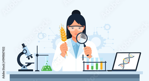 Female Agronomist Examining Wheat Spike with Magnifying Glass