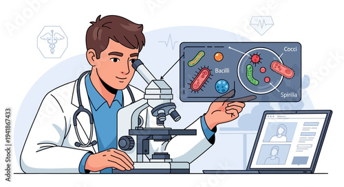 Doctor Examining Bacteria Under Microscope in Online Medical Consultation