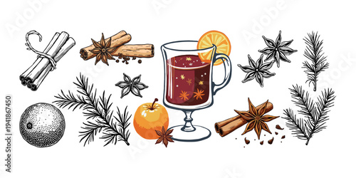 PrintHand-drawn mulled wine with cinnamon, star anise, orange, apple, and pine branches on white background, concept of winter beverage mix