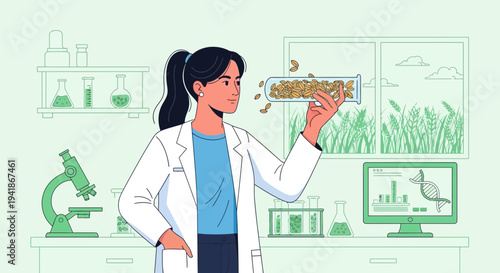 Female Agronomist Examining Crops in a Modern Agricultural Lab
