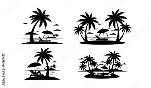 Summer Tropical Beach Silhouettes Holiday Vacation Vector Set