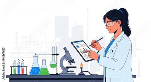 Female Scientist Analyzing Data on Tablet in Laboratory