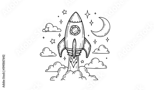 Cute Doodle Rocket Launch Scene Hand Drawn Space Vector