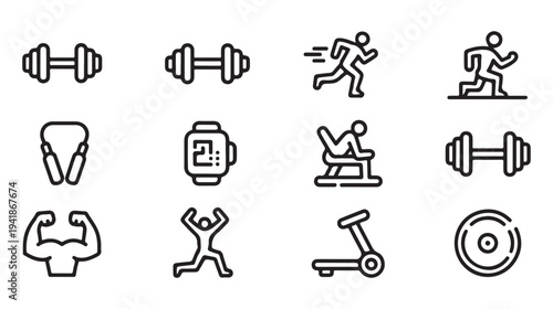 Fitness and gym vector icons with dumbbell, running man, jump rope, smartwatch, and other exercise equipment