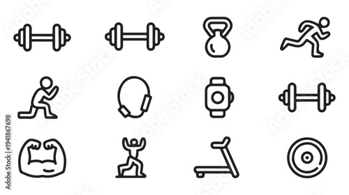 Simple line art icons representing gym and fitness activities vector collection