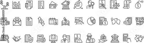Set of line icons related to accounting, audit, taxes. Outline icon collection. Business symbols. Editable stroke. Vector