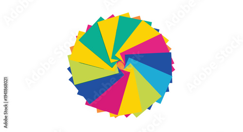 A vibrant, abstract circular design of colorful triangular and trapezoidal shapes radiates from a central point, creating a swirling effect.