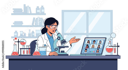 Female Scientist Conducting Online Chemistry Lecture with Microscope and Beakers