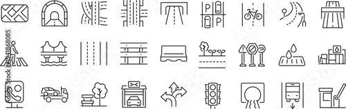 Set of outline icons related to road infrastructure. Linear icon collection. Editable stroke. Vector
