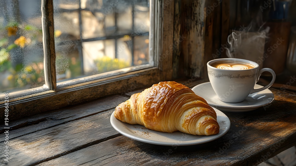Obraz premium A flaky golden croissant rests on a rustic wooden windowsill beside a steaming cup of coffee with latte art, bathed in warm morning sunlight through a weathered window.