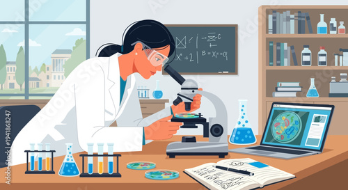 Female Scientist Examining Petri Dish Under Microscope in Laboratory