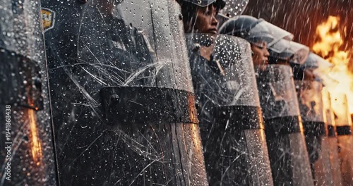Riot Police Officer Behind Scratched Shield in Rain
