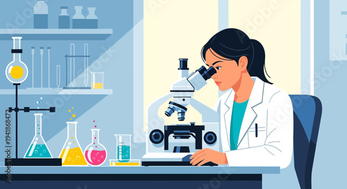 Female Scientist Examining Sample with Microscope in Lab