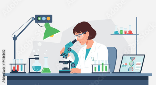Female Scientist Examining Samples with Microscope in Laboratory Setting