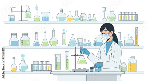 Female Scientist in Lab Coat Conducting Experiment with Glassware on Shelves