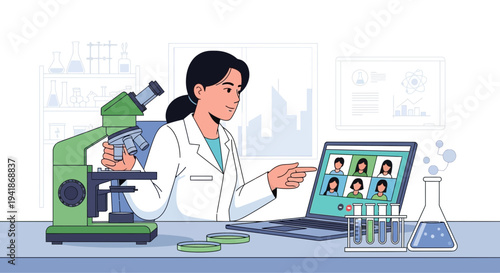 Female Scientist in Lab Coat Conducting Online Biotech Research Meeting
