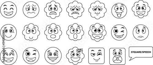 Collection of 20 unique cartoon faces with various expressions