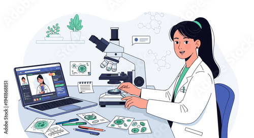 Female Scientist in Lab Coat Doing Online Microscope Research on Laptop