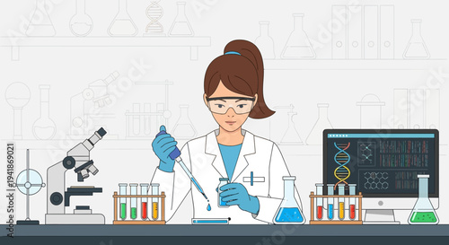 Female Scientist in Lab Conducting Experiment with Pipette and Test Tubes