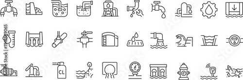 Set of outline icons related to water infrastructure. Linear icon collection. Editable stroke. Vector