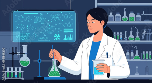 Female Scientist Mixing Chemicals in Laboratory Beaker with Digital Display