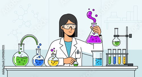 Female Scientist Mixing Chemicals in Laboratory Beakers for Scientific Research