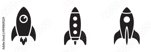 Four stylized black vector icons depicting various streamlined rocket ship designs for space themes