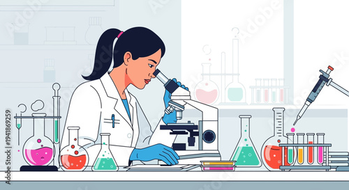 Female scientist observing samples under a microscope in a bright laboratory setting