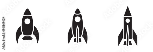 Three black solid icons representing space rockets with variations in cockpit windows and lower propulsion sections