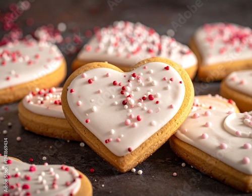 Heart-shaped cookies iced white, topped red/pink sprinkles. Dark backdrop, warm light
