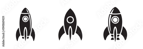 Various black silhouette symbols for rocket vehicle designs featuring different tail fins and window shapes set apart