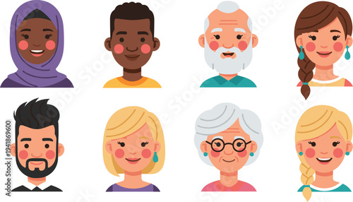 Multicultural People Avatar Icon Set with Young and Elderly Men and Women Face Characters for User Profiles, Community Platforms and Social Media Design.