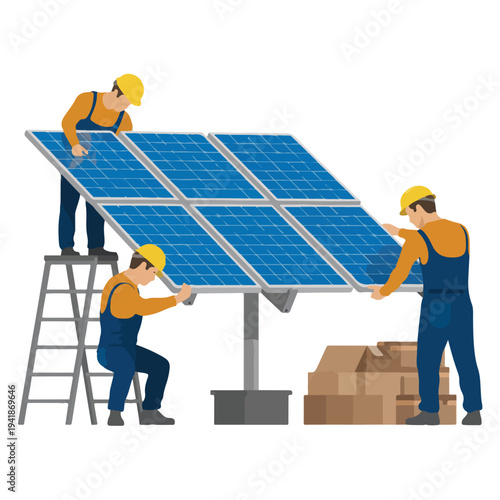 Three workers in yellow hard hats and orange shirts installing a large solar panel on a metal stand