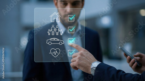 Business professionals interact with a futuristic digital interface, selecting comprehensive insurance options for home, family, auto, and health